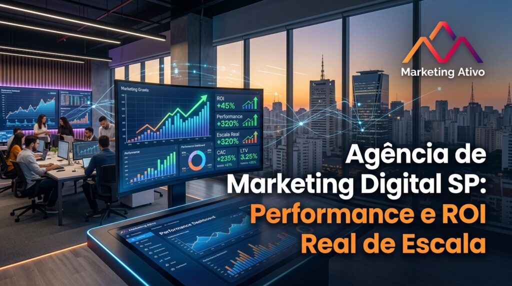 Banner corporativo ilustrando painel de métricas e gráficos de crescimento para agência de marketing digital SP