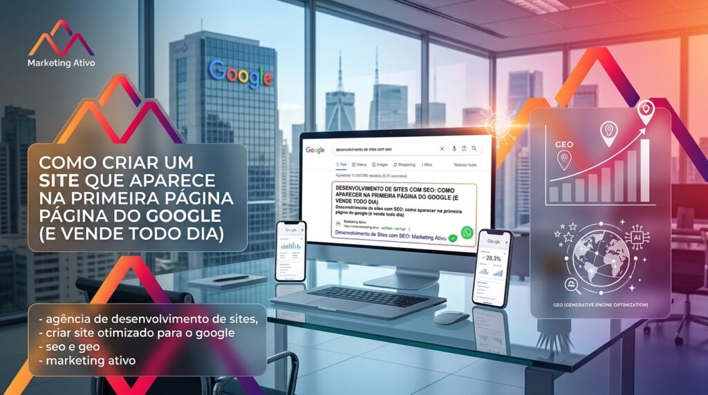 Capa de postagem da Marketing Ativo mostrando uma estrutura de desenvolvimento de sites com SEO e GEO para alcançar a primeira página do Google e gerar vendas diárias.