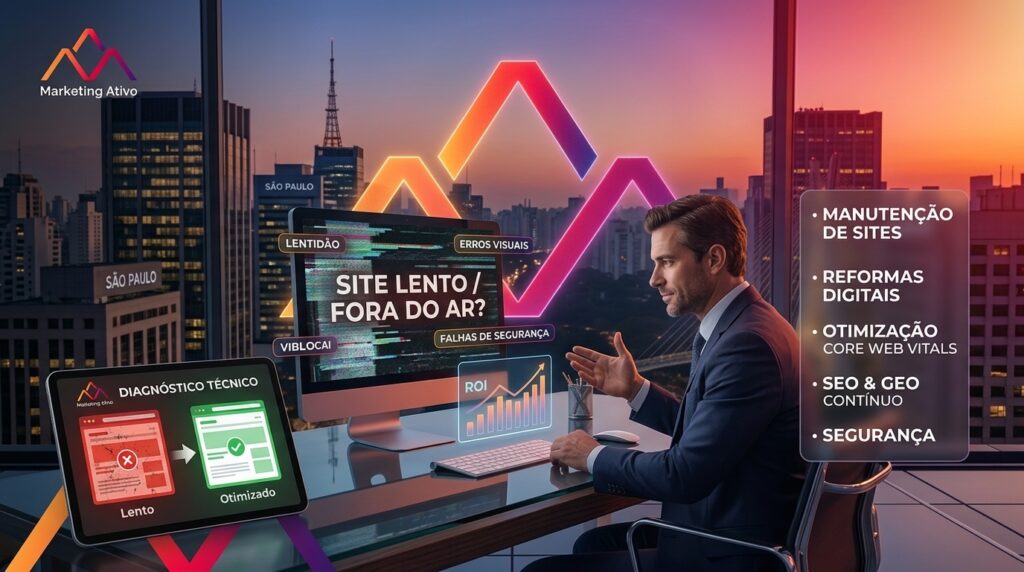 Tela de monitoramento técnico e manutenção de sites em WordPress para correção de lentidão, Core Web Vitals e recuperação de vendas pela Marketing Ativo.