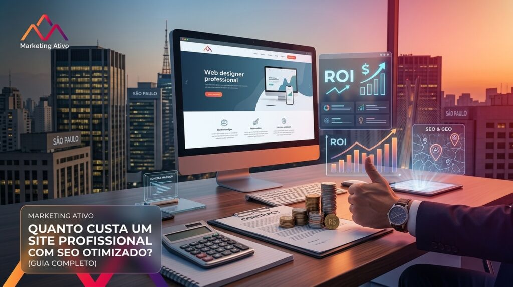 Quanto Custa um Site Profissional com SEO Otimizado? (Guia) 1 Mesa de trabalho de agência de desenvolvimento de sites com tela exibindo layout profissional, gráficos de ROI e cálculo de investimento sobre o skyline de São Paulo.