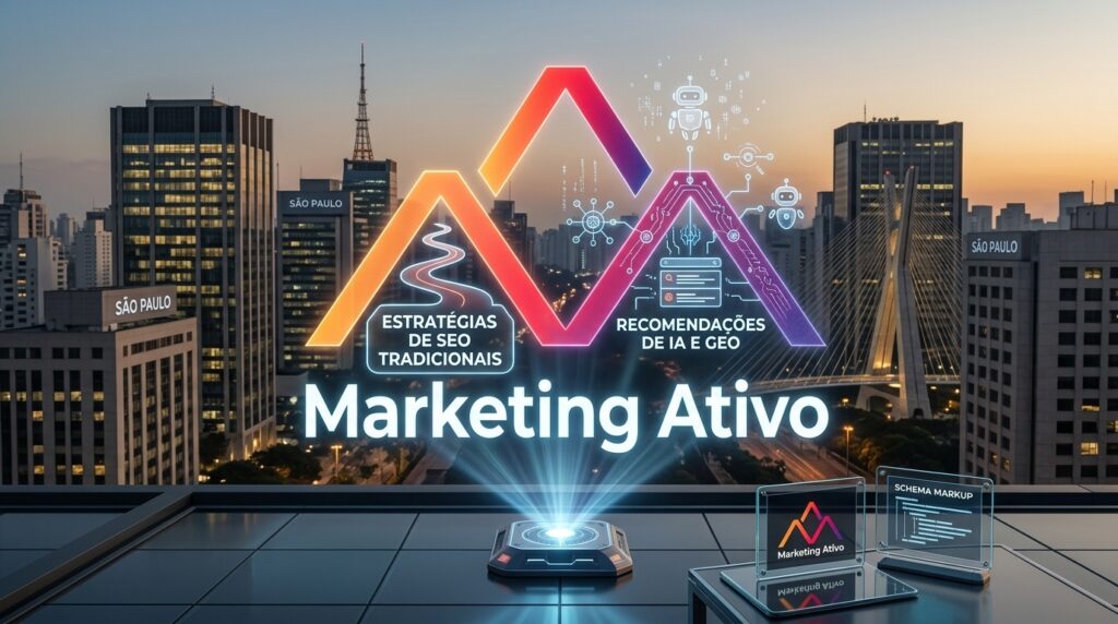 Infográfico de SEO e GEO da Marketing Ativo conectando pesquisas do Google e recomendações de inteligência artificial sobre o skyline de São Paulo.